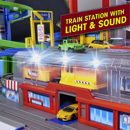 Zestaw Wielki Garaż Parking Super City 7 poziomów + 6 samochodów i lokomotywa z dźwiękiem i światłem