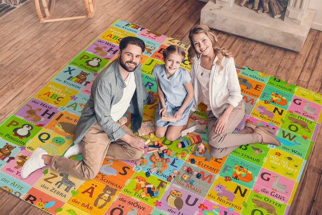 Dwustronna Składana Mata Edukacyjna z pianki XPE Podłogowa Bezpieczna 180x200 alfabet niemiecki wieś Humbi