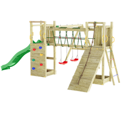 Plac zabaw drewniany duży Maxi Funny Exposure zjeżdżalnia, 2x huśtawka, ścianka wspinaczkowa