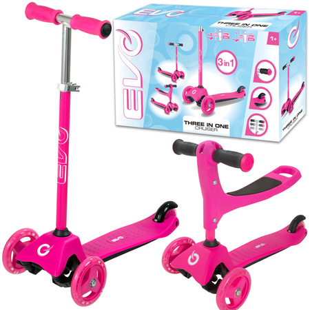 Evo Regulowana Trójkołowa Hulajnoga dla Dzieci 2w1 Jeździk Cruiser z Siedziskiem Różowy