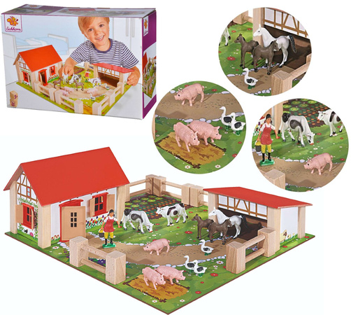OUTLET Drewniana Farma Zagroda + figurki zwierzątka wiejskie gospodarstwo domowe 23 elementy WADLIWA