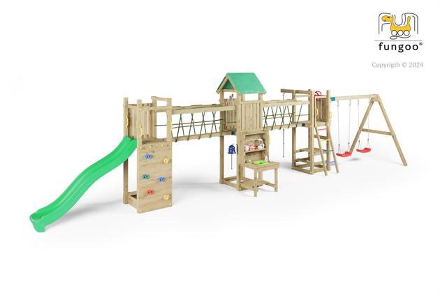 Fungoo Plac zabaw drewniany ogrodowy Space Longer, zjeżdżalnia, ścianka wspinaczkowa, huśtawki, kuchnia błotna