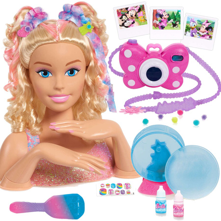 Lalka Głowa do stylizacji czesania włosów Barbie Tie-Dye Fryzjer + GRATIS  Interaktywny Aparat fotograficzny dla dzieci Kokardka Światło Dźwięk  Disney Myszka Minnie