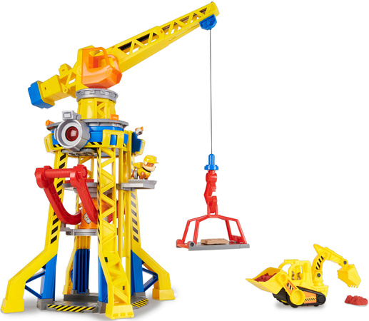 Psi Patrol Rubble i jego Ekipa Rubble&Crew Bark Yard Crane Tower Duży zestaw Dźwig 60cm żółty Buldożer z figurką i piaskiem kinetycznym + akcesoria Dźwięk
