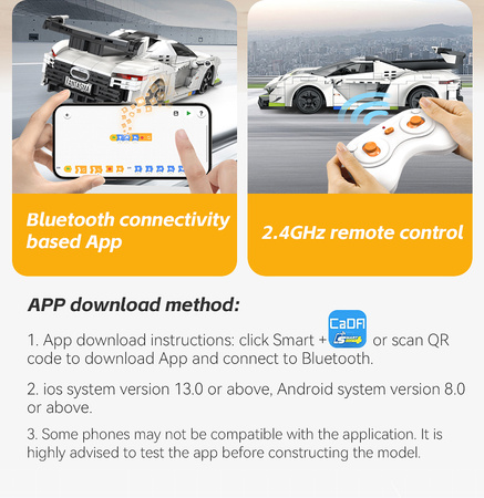 Klocki konstrukcyjne CaDA Samochód zdalnie sterowany Auto wyścigowe białe 22 cm Fantasma Race Car Pojazd 322 elementy RC Dual Mode