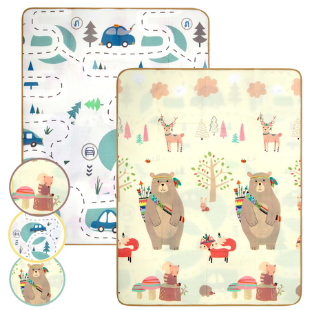 Dwustronna piankowa mata edukacyjna z pianki EPE 150 x 180 cm misie liski i auta