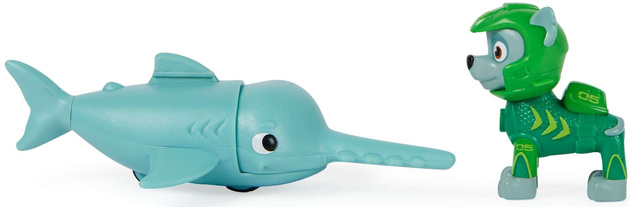 Psi Patrol Zestaw Aqua Pups mała figurka Rocky i ryba Piła Sawfish Piła z ruchomą głową