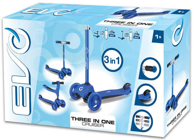 Evo Regulowana Trójkołowa Hulajnoga dla Dzieci 2w1 Jeździk Cruiser z Siedziskiem Niebieski