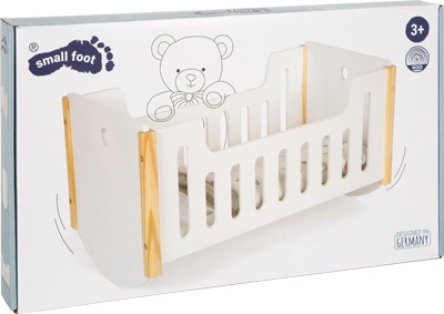 Małe Drewniane Bujane białe Łóżeczko dla Lalek z Poduszką i Kocykiem