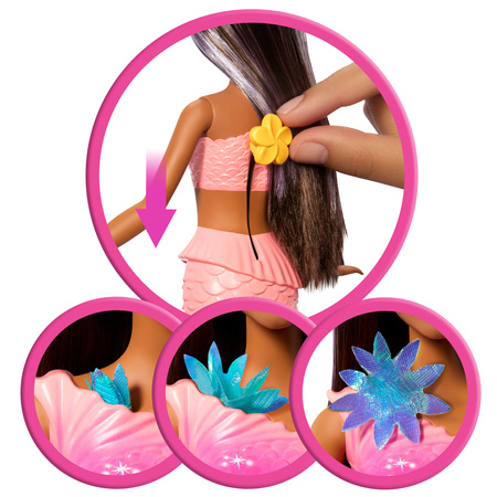 Lalka Barbie Syrenka z różowo-pomarańczowym ogonem z kwiatami Flower Magic