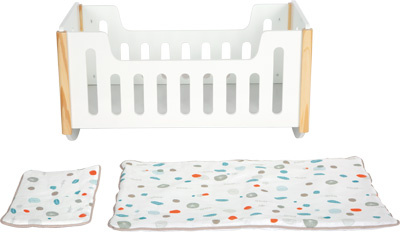 Małe Drewniane Bujane białe Łóżeczko dla Lalek z Poduszką i Kocykiem