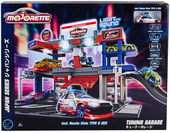 Majorette Zestaw Japan Series Garaż Tuningowy + biały pojazd autko Honda Civic TYPE R EK9 Światło Dźwięk