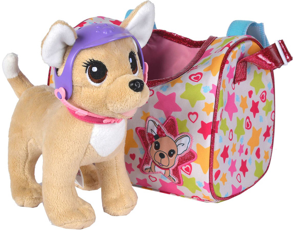 Chi Chi Love Maskotka Piesek Chihuahua z kaskiem w kolorowej torbie podróżnej