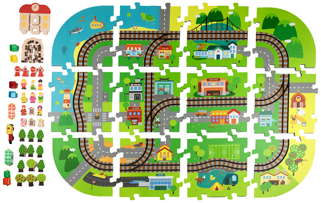 Mata Piankowa Deluxe 3D z Pociągiem na Baterie i Torami – Zestaw Edukacyjny Miasto 56 Elementów 3W1