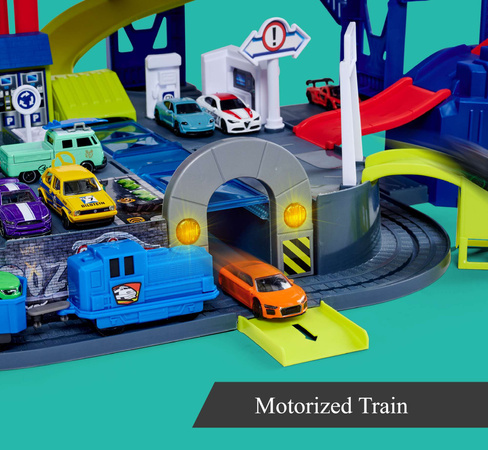 Duży Garaż Parking samochodowy Super Centrum Pościgu + 4 kolorowe auta Światło Dźwięk