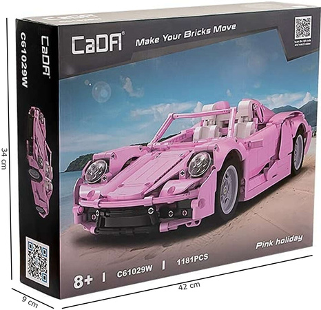 Klocki konstrukcyjne CaDA Zdalnie sterowany duży samochód Kabriolet różowy 37 cm z napędem Power System Auto Pojazd Cabrio Pink Holiday RC 1181 elementów