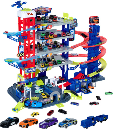 Duży Garaż Parking samochodowy Super Centrum Pościgu + 4 kolorowe auta Światło Dźwięk