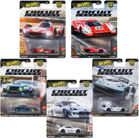 Hot Wheels Premium Circuit Legends zestaw 5 aut Porsche, Ferrari, Ford Mustang, Pandem Subaru
