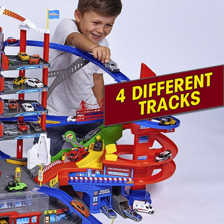 Zestaw Wielki Garaż Parking Super City 7 poziomów + 6 samochodów i lokomotywa z dźwiękiem i światłem