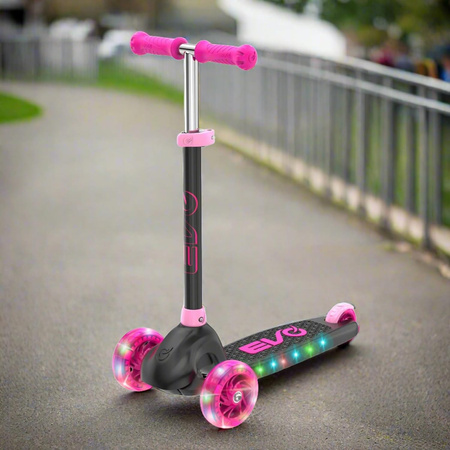 EVO Regulowana Trójkołowa Hulajnoga dla Dzieci Eclipse Różowa Świecące kółka i Podest