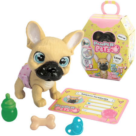 Pamper Petz Piesek Buldog francuski z pieluszkowego gangu 20 cm + akcesoria