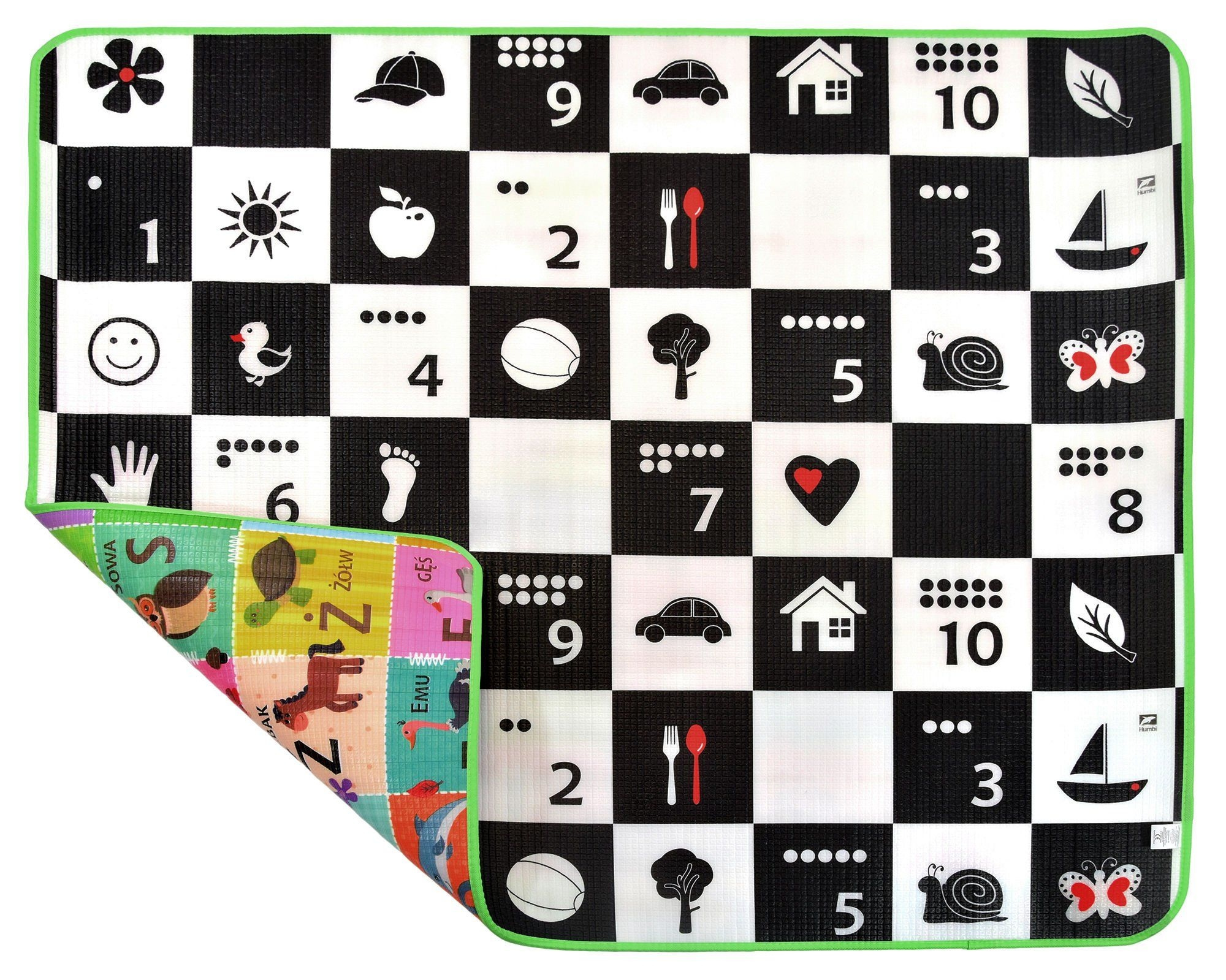 Humbi Piankowa dwustronna gruba mata edukacyjna Szachownica Polski Alfabet Cyfry Obrazki Kontrastowe 180 x 150 x 1,5 cm