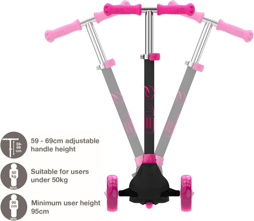 EVO Regulowana Trójkołowa Hulajnoga dla Dzieci Eclipse Różowa Świecące kółka i Podest