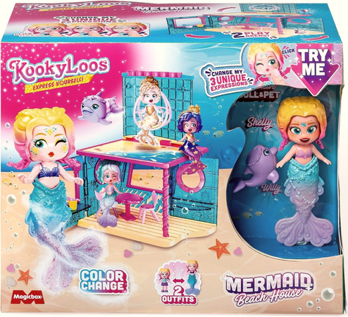Kookyloos Zestaw Mermaid Beach House Figurka Kolekcjonerska Shelly Syrena Zmieniająca Kolor Dom dla Syren + Akcesoria
