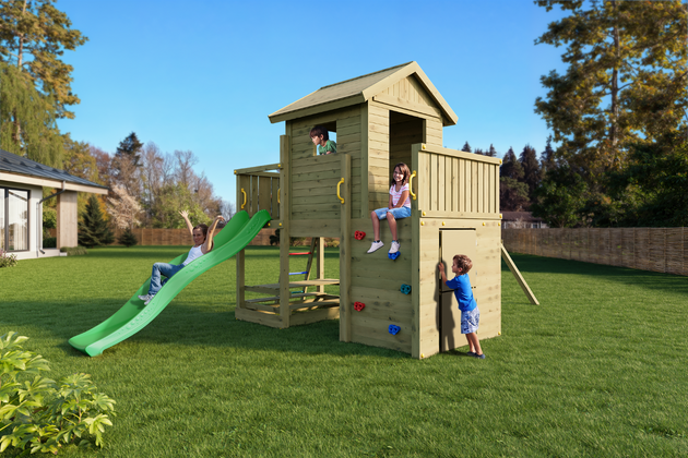 Fungoo Plac zabaw drewniany ogrodowy Multifort KDI, zjeżdżalnia, ścianka wspinaczkowa