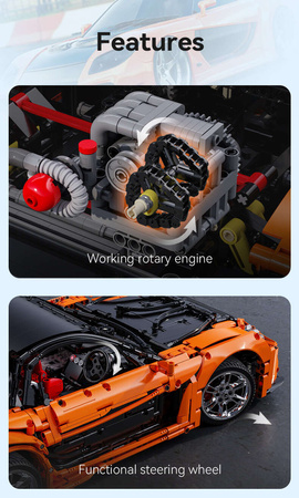 Klocki konstrukcyjne CaDA Zdalnie sterowane auto 56 cm pomarańczowy samochód pojazd wyścigówka Mazda RX-7 3305 elementów RC