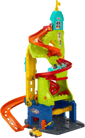 Fisher Price Miasteczko 2w1 Wielki Tor samochodowy XXL Garaż 76 cm Zjeżdżalnia Parking Wieża + 2 autka