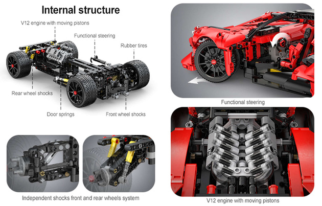 Klocki konstrukcyjne CaDA Zdalnie sterowany duży samochód sportowy 47 cm Auto z napędem Power System Pro APE Supercar Światło LED RC 1823 elementy