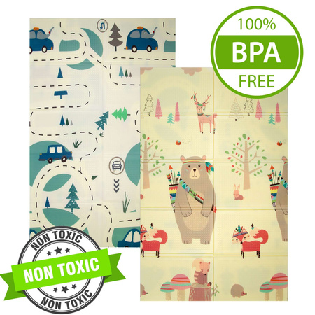 Dwustronna Składana Mata Edukacyjna z pianki XPE Podłogowa Bezpieczna 120x180 misie liski i auta Humbi