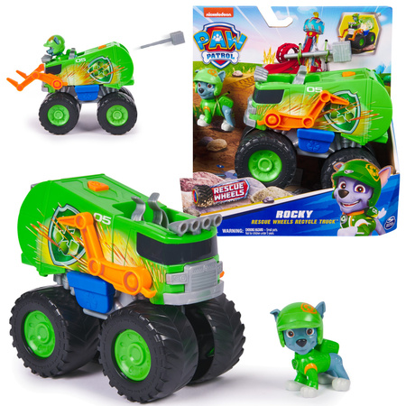 Psi Patrol Rocky Śmieciarka Pojazd Ciężarówka Rescue Wheels + Figurka