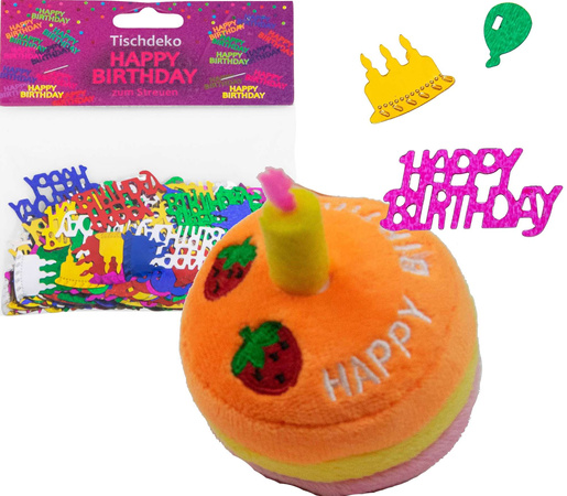 Konfetti dekoracja Happy Birthday + grająca babeczka urodzinowa