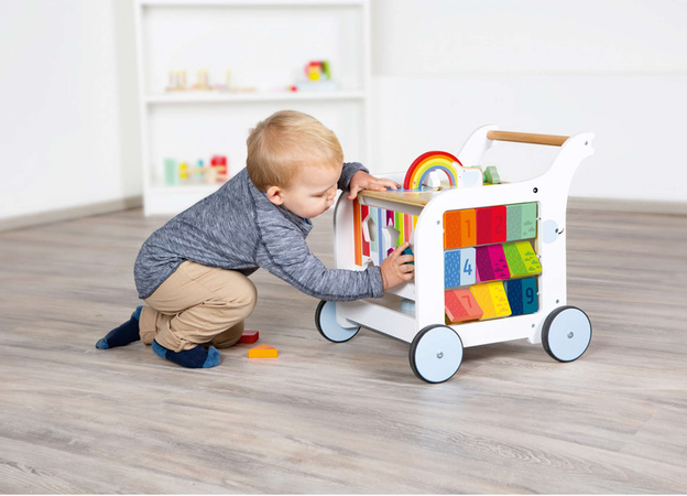 Drewniany edukacyjny chodzik pchacz kostka edukacyjna sorter tablica 5w1