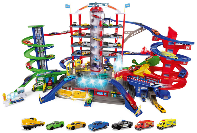Zestaw Wielki Garaż Parking Super City 7 poziomów + 6 samochodów i lokomotywa z dźwiękiem i światłem