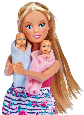 Zestaw Lalka Steffi w bliźniaczej ciąży, 2 bobasy, dzieci komoda + akcesoria do opieki