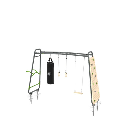 Plac zabaw ogrodowy Siłownia Stanowisko gimnastyczne GetSet MB320: poręcze, pozioma drabinka, drążek, stacja, ścianka wspinaczkowa, kółka, worek treningowy, huśtawka