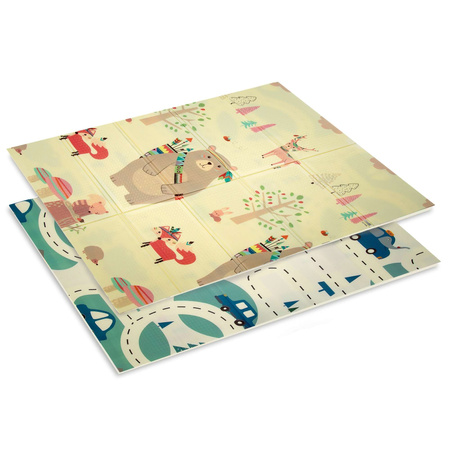 Dwustronna Składana Mata Edukacyjna z pianki XPE Podłogowa Bezpieczna 120x180 misie liski i auta Humbi