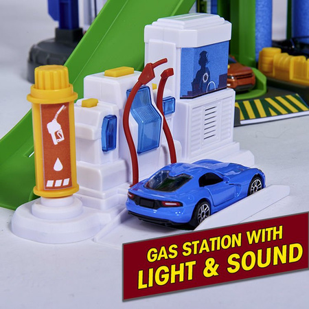 Zestaw Wielki Garaż Parking Super City 7 poziomów + 6 samochodów i lokomotywa z dźwiękiem i światłem