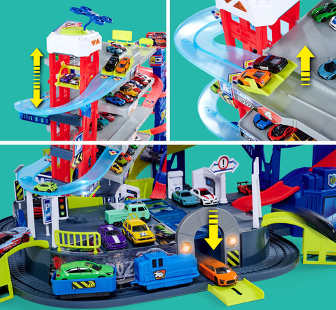 Duży Zestaw Garaż Parking samochodowy Super Centrum Pościgu + 24 kolorowe auta Światło Dźwięk