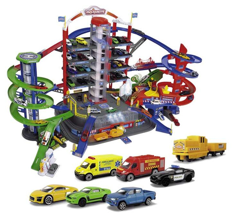 Zestaw Wielki Garaż Parking Super City 7 poziomów + 6 samochodów i lokomotywa z dźwiękiem i światłem