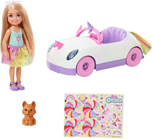 Barbie Club Chelsea zestaw tęczowe auto + 2 lalki