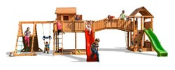 Plac zabaw drewniany XXL Spider Land 2x domek, 2x zjeżdżalnia, huśtawka, ścianka i lina wspinaczkowa, drabinki, most