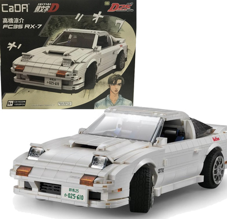 Klocki konstrukcyjne CaDA Zdalnie sterowany samochód Auto biała Mazda RX-7 manga Initial D 35 cm Pojazd z napędem Power System Pro Światło LED RC 1552 elementów