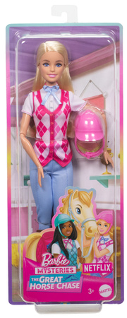 Lalka Barbie w stroju jeździeckim z różowym hełmem dżokejka