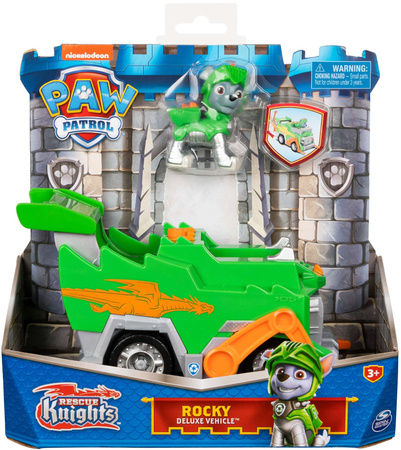 Psi Patrol 2w1 Rocky Rescue Knights Rycerz Dźwig Pojazd Zielona Śmieciarka + figurka