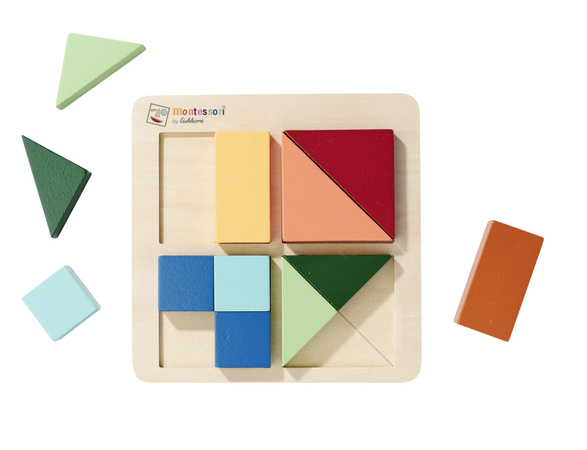 Montessori Kolorowe Drewniane Puzzle Kwadraty Trójkąty Prostokąty 13 Elementów