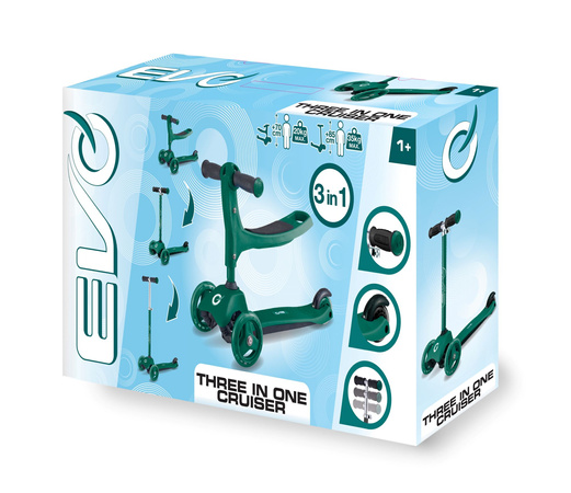 OUTLET Evo Regulowana Trójkołowa Hulajnoga dla Dzieci 2w1 Jeździk Cruiser z Siedziskiem Ciemnozielony USZKODZONE OPAKOWANIE